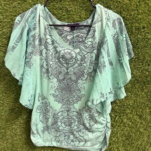 Espresso women's Green Paisley Print Flutter Sleeve‎ Blouse Top - Size M